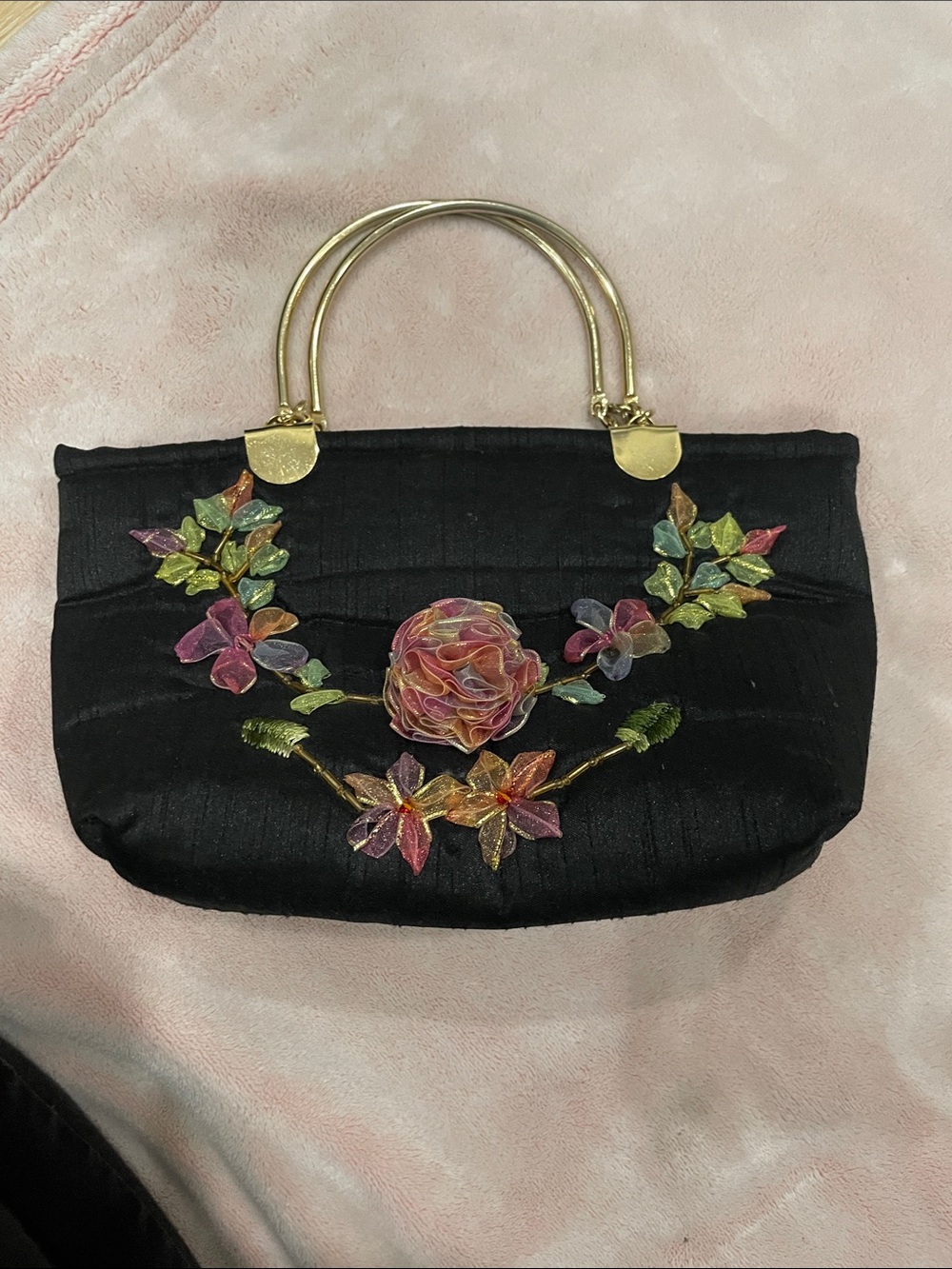 Vintage Style Black Satin Evening Bag 3D Organza Ribbon Flower Gold Handle